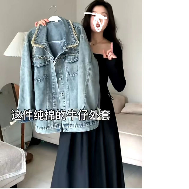 九九呢 纯棉做旧拉毛牛仔外套女秋百搭宽松bf风设计感长袖上衣郭