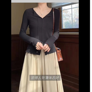 九九呢 禅意风文艺国风加绒冬季套装女V领上衣亚麻百搭阔腿裤裙