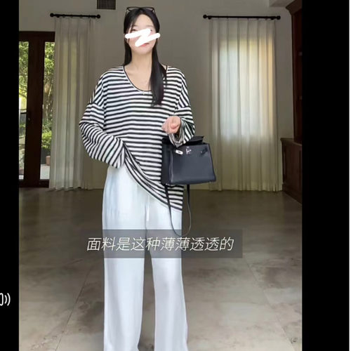 九九呢 时髦宽松慵懒薄款经典条纹T恤防晒上衣百搭显瘦休闲女