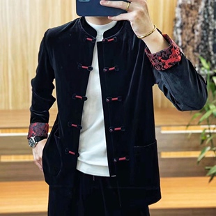 2024秋冬新款 轻薄棉服男休闲盘扣高品质欧货外套 中国风金丝绒唐装