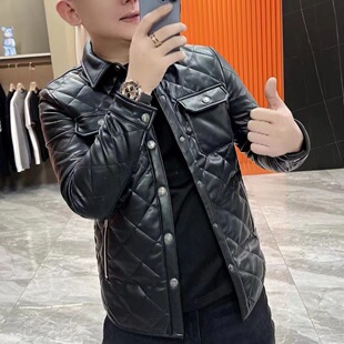 新款秋冬季高档皮面棉服男翻领纯色皮衣棉袄商务休闲百搭修身外套