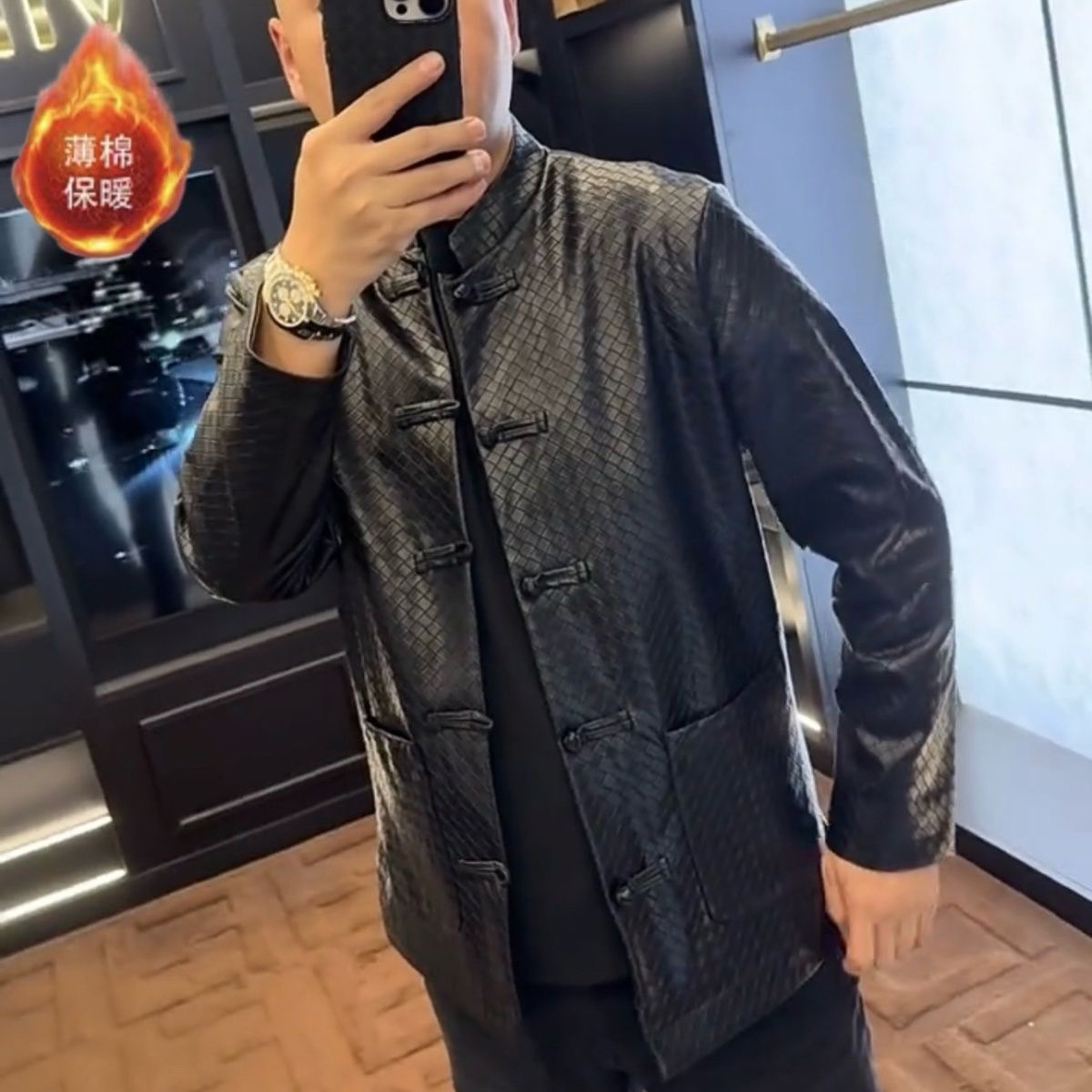 秋冬棉服新款男士高级编织皮衣潮牌PU皮修身帅气国潮社会薄棉盘扣