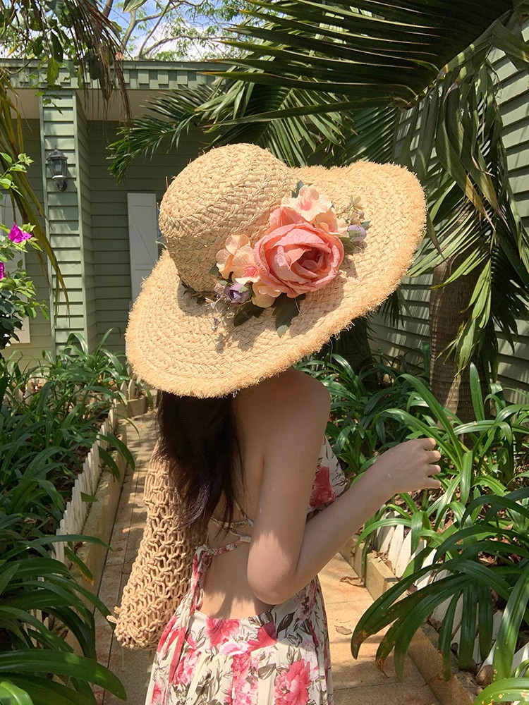 原创手工草编花朵拉菲草帽女夏季出游度假海边拍照太阳帽遮阳防晒