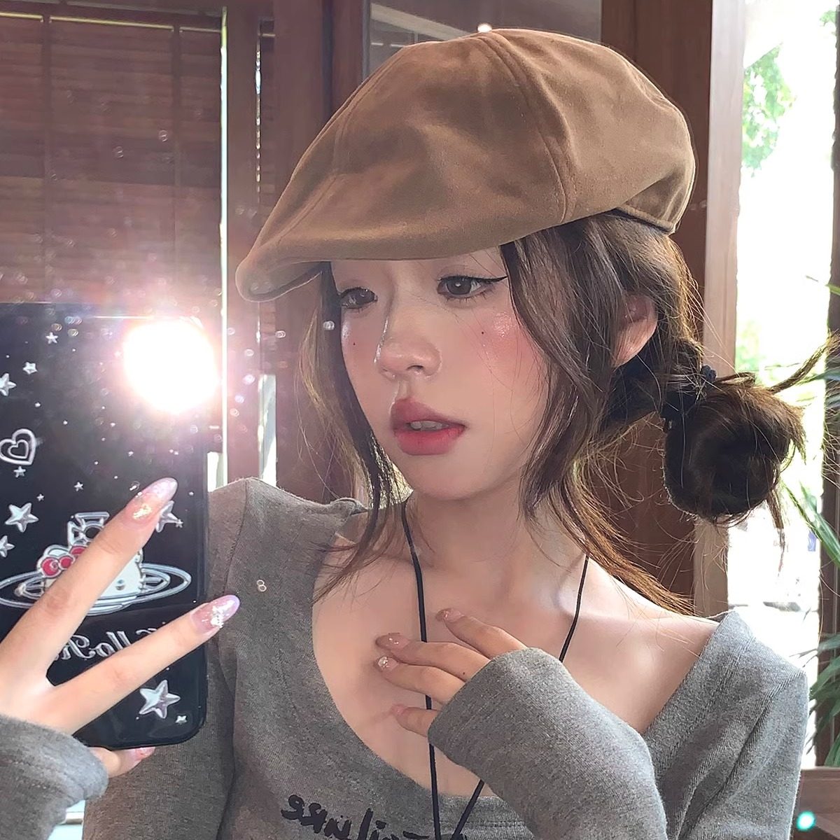 美式雅痞做旧前进帽女秋冬英伦磨毛麂皮绒鸭舌帽保暖贝雷帽显脸小