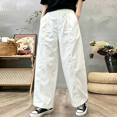 高腰夏薄款宽松显瘦简约弯刀裤子
