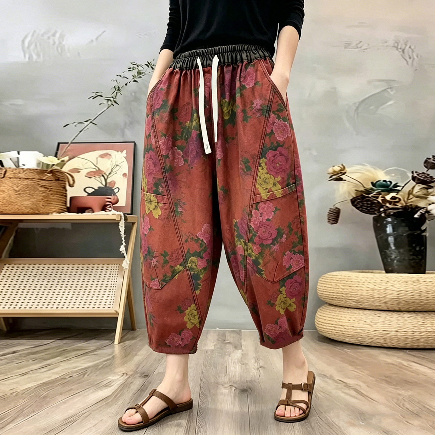 韩版高腰彩花牛仔哈伦裤女夏季新款中年妈妈宽松舒适薄款九分裤