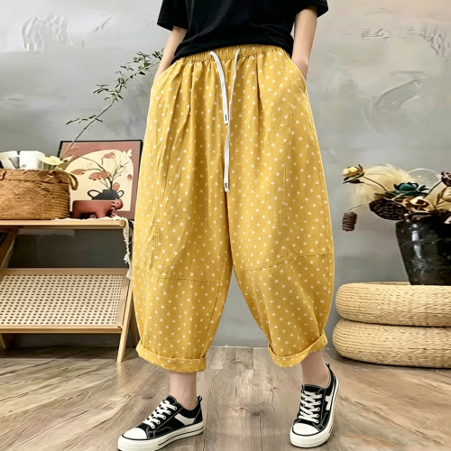 黄色波点水洗透气棉九分哈伦裤
