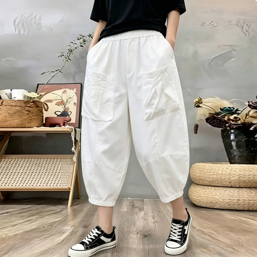 白色高腰大兜丝光棉九分哈伦裤