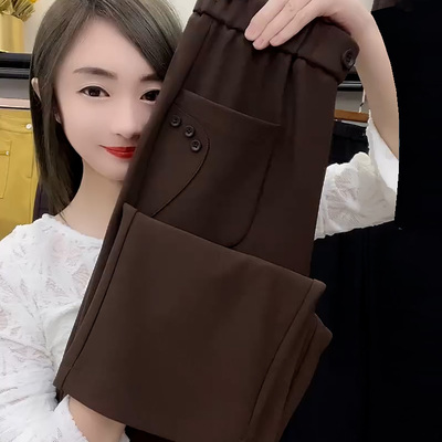 咖色高腰钻石棉显瘦宽松休闲裤