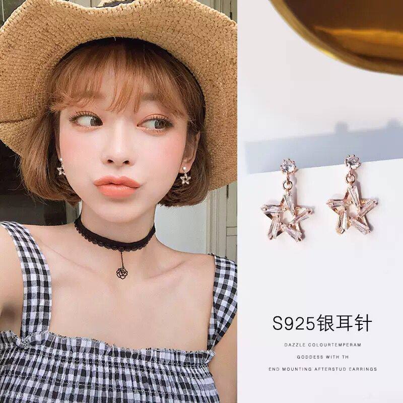 S925纯银针五角星耳钉女气质韩国个性百搭短款耳环甜美耳饰品