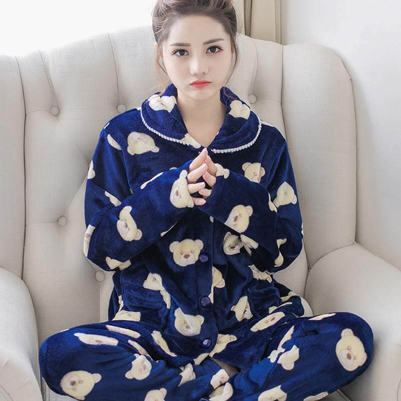 加厚保暖睡衣女士秋冬季法兰绒套睡衣/家居服套装