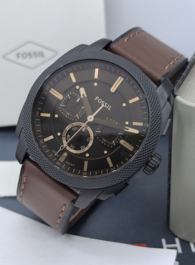 FOSSIL手表酷黑茶色玻璃真皮表带商务休闲计时石英机芯防水男表