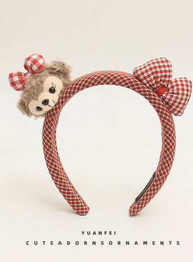 创意红色格子达菲熊蝴蝶结发箍可爱萌趣卡通头饰少女头箍拍照发卡
