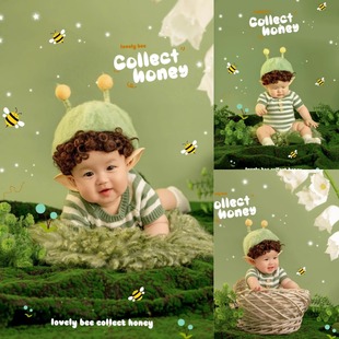 儿童摄影服装影楼新款绿色条纹森林精灵主题套装道具百天周岁拍照