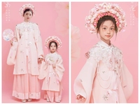 簪花亲子装2024年儿童摄影服装粉色系母女古装汉服拍照服饰主题