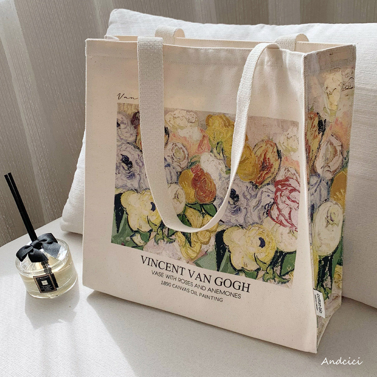 ANDCICI@梵高博物馆~玫瑰银莲花~油画拉链帆布包袋书包手提单肩包