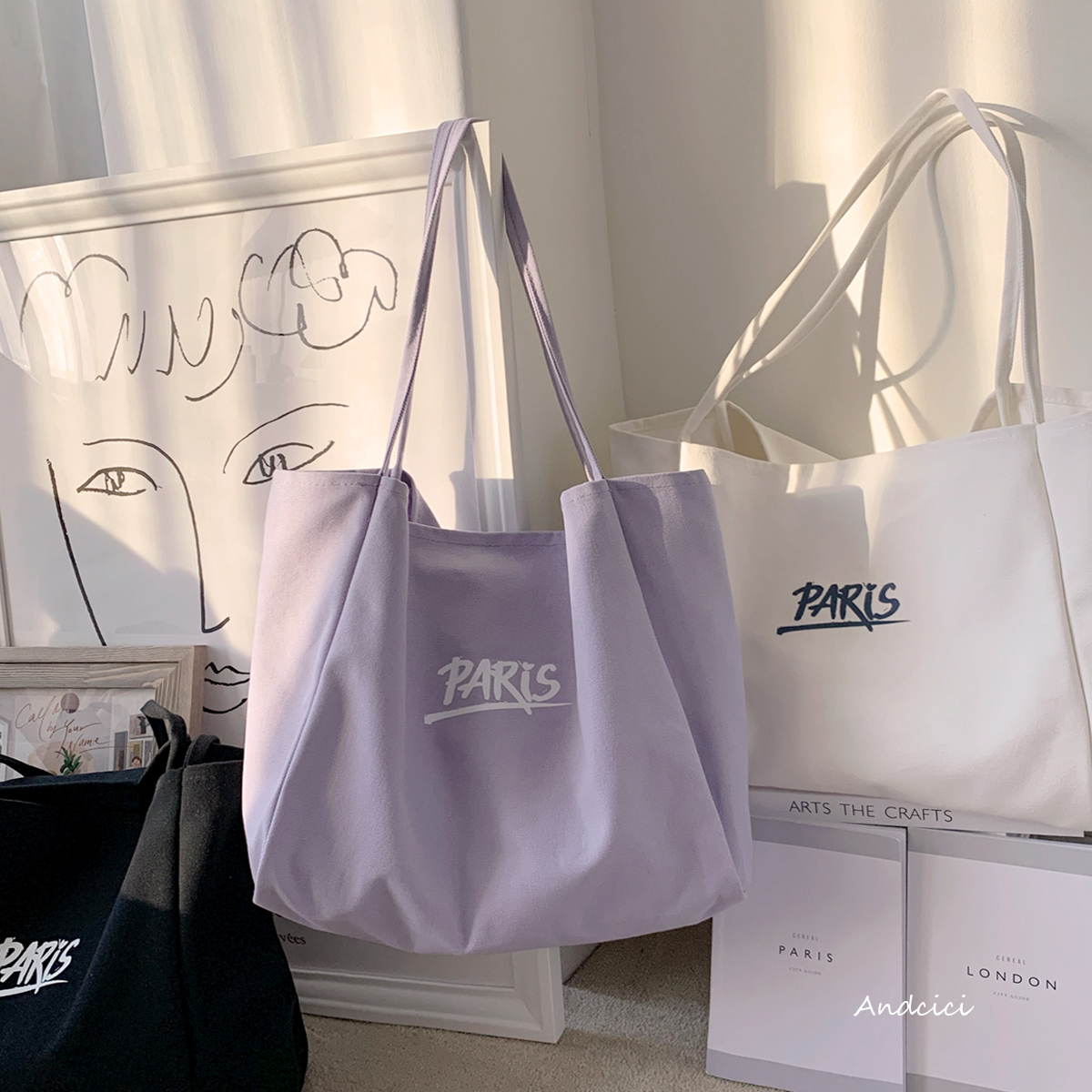 ANDCICI@PARIS巴黎经典~大容量帆布包女单肩手提旅行购物袋托特包