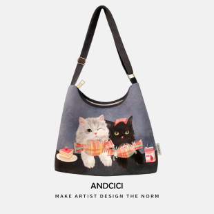 猫猫的下午茶 设计师原创 拉链斜挎包大容量单肩包手提包通勤书包