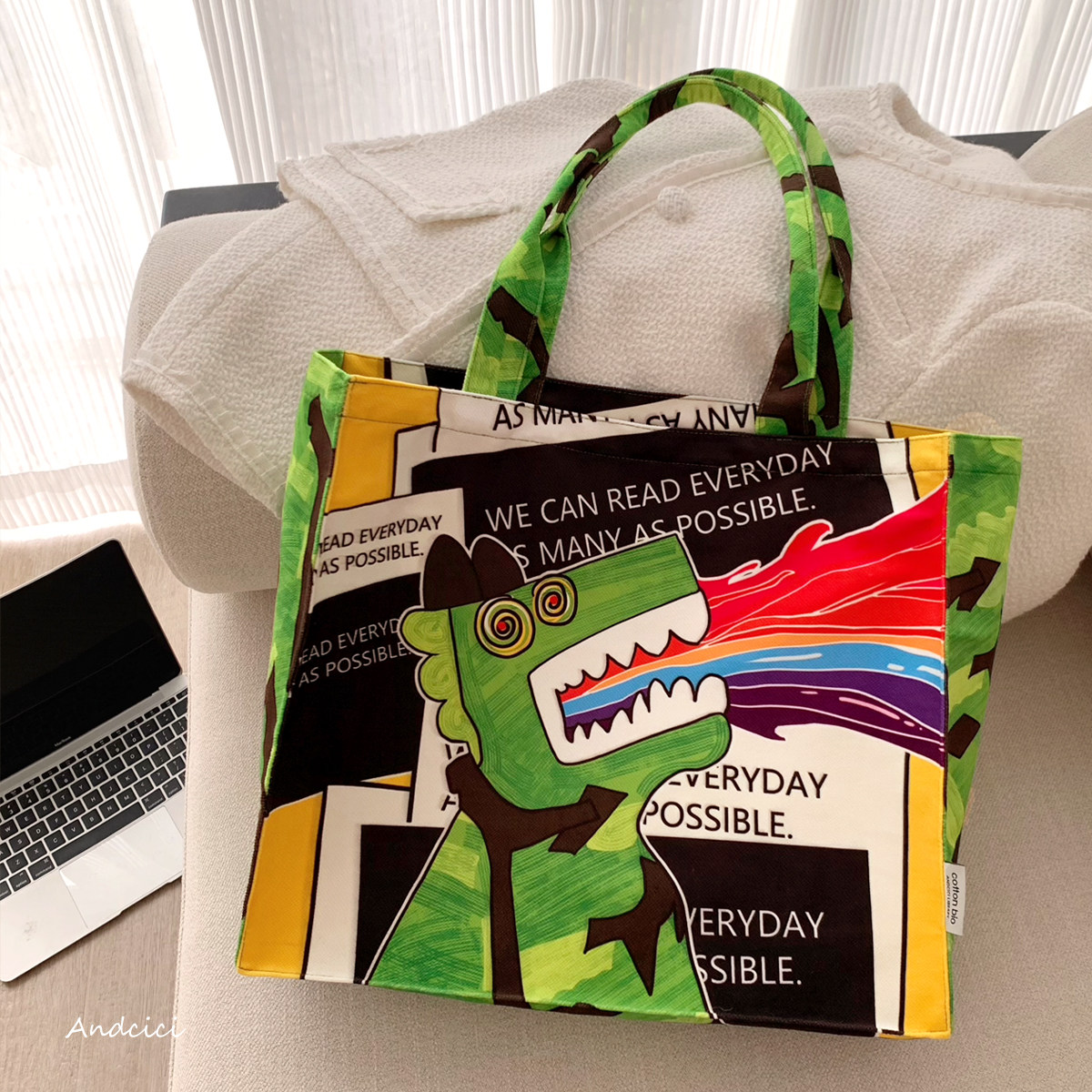 ANDCICI@彩虹龙龙 原创设计 拉链单肩手提包大容量女包书包托特包,收纳整理,购物袋/环保袋/帆布袋,淘宝优惠券,粉丝福利购,淘宝优惠卷