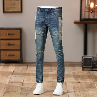 重工高端新款潮流欧美风压花牛仔裤男韩版修身拼接痞帅机车风长裤