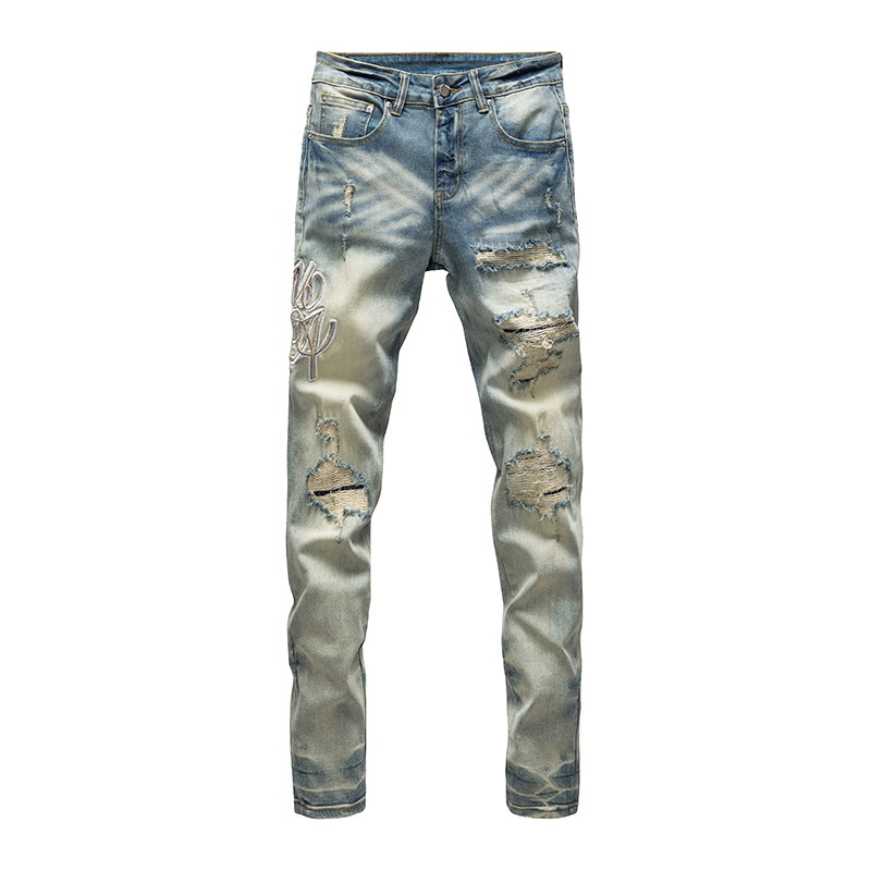 欧货复古破洞补丁刺绣牛仔裤