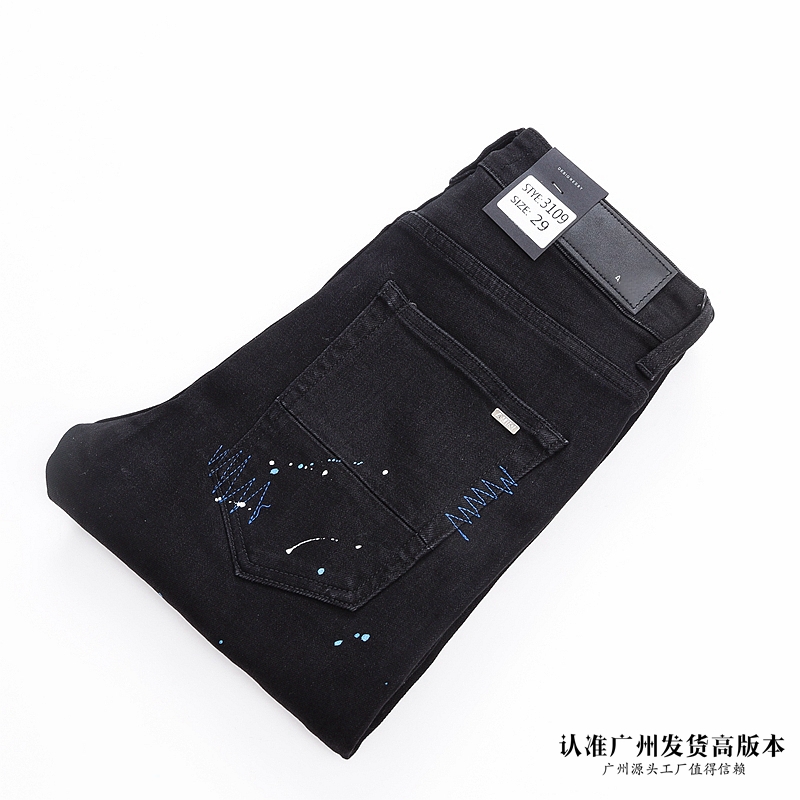 破洞十字架贴钻牛仔裤男美式潮牌ins高街乞丐裤休闲修身弹力黑色