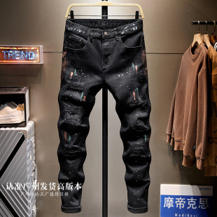 港风潮牌破洞补丁黑色九分牛仔裤男修身小脚韩版痞帅9分裤子2026