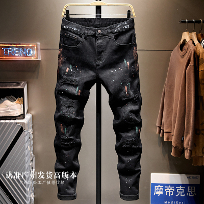 港风潮牌破洞补丁黑色牛仔裤