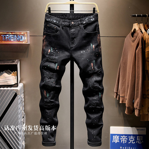 港风高端潮牌破洞补丁黑色牛仔裤