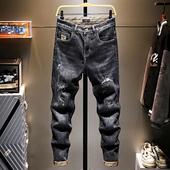 男士 潮流印花裤 潮流破洞补丁弹力修身 时尚 子男 小脚裤 黑灰色牛仔裤