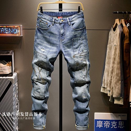 痞帅潮牌机车牛仔裤男士破洞