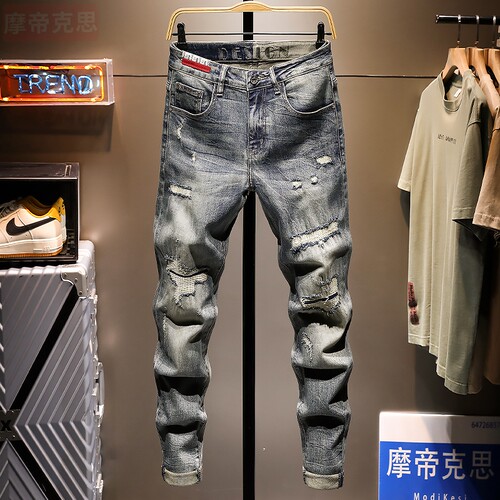 港风潮牌乞丐做旧破洞牛仔裤男