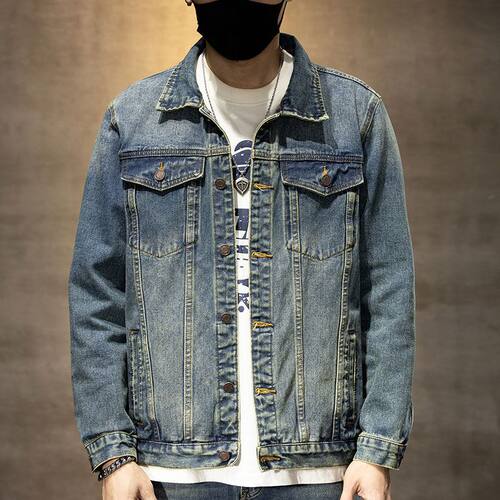 美式轻奢风水洗做旧牛仔外套男 多口袋翻领春秋合身工装复古夹克