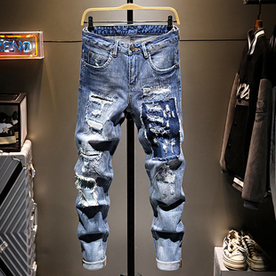 修身 潮流韩版 小脚裤 时尚 潮牌街头乞丐牛仔裤 拼接毛边破洞韩版 男士