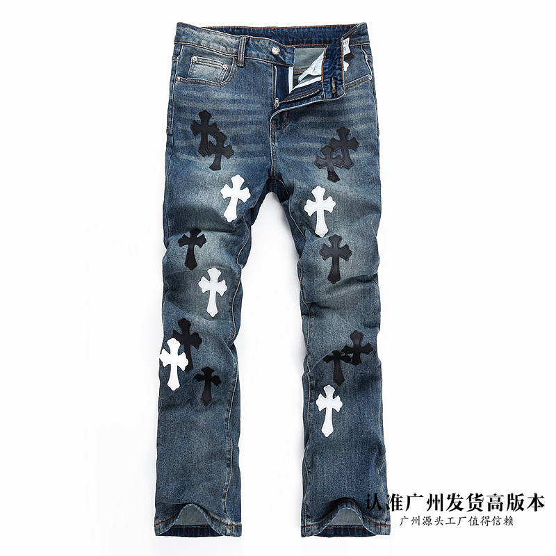 美式高街克罗十字架贴皮梵文刺绣小众牛仔裤男士潮流百搭微喇个性