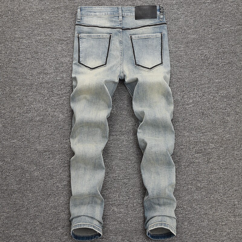 美式潮牌浅色水洗九分牛仔裤