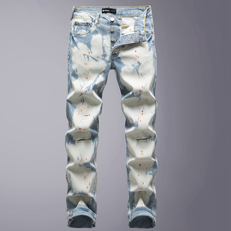 轻奢泼墨潮流牛仔裤男潮牌涂鸦美式高街破洞补丁修身小脚休闲长裤