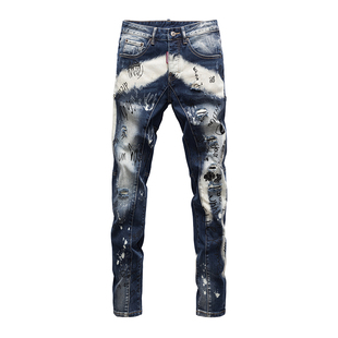 高端重工水洗破洞补丁涂鸦字母轻奢牛仔裤男款潮牌泼墨小脚裤机车