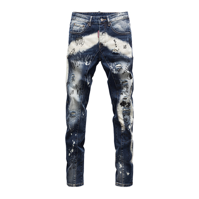欧美重工水洗破洞补丁牛仔裤男士