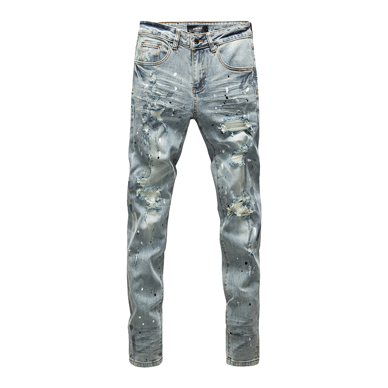 美式高街泼墨刮破补丁牛仔裤男