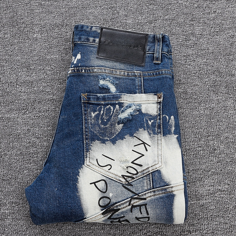 高端轻奢破洞补丁拼接牛仔裤男士痞帅水洗做旧泼墨涂鸦个性潮流裤