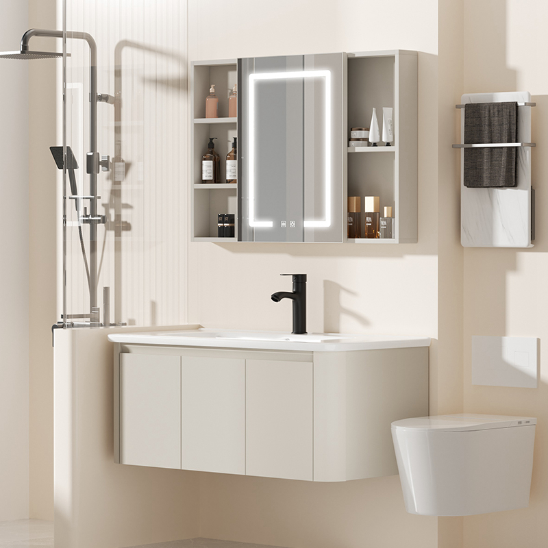 TINYMU/小沐奶油风浴室柜小户型洗手盆圆弧铝蜂窝陶瓷一体组合柜