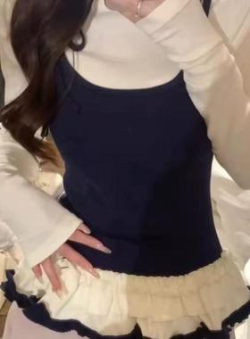 假两件撞色长袖T恤女外穿春季收腰打底衫内搭短款芭蕾风花边上衣