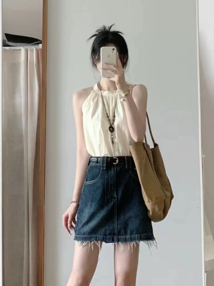 夏装搭配一整套装女夏款小个子挂脖上衣牛仔裙梨形身材穿搭两件套