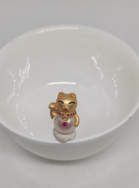 纯银镀金招财猫天然淡水珍珠正圆极强光节日礼物配纯银黄链  孤品