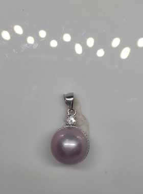 天然淡水真珍珠强光炫紫色11.8mm纯银皓石镂空底瓜子扣吊坠节日礼