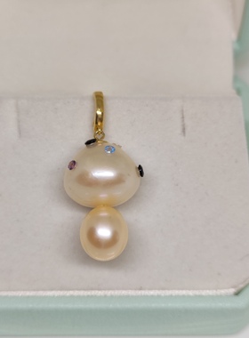 天然色真珍珠强光镜面10+mm纯银金蘑菇吊坠两颗做成万能扣款可爱