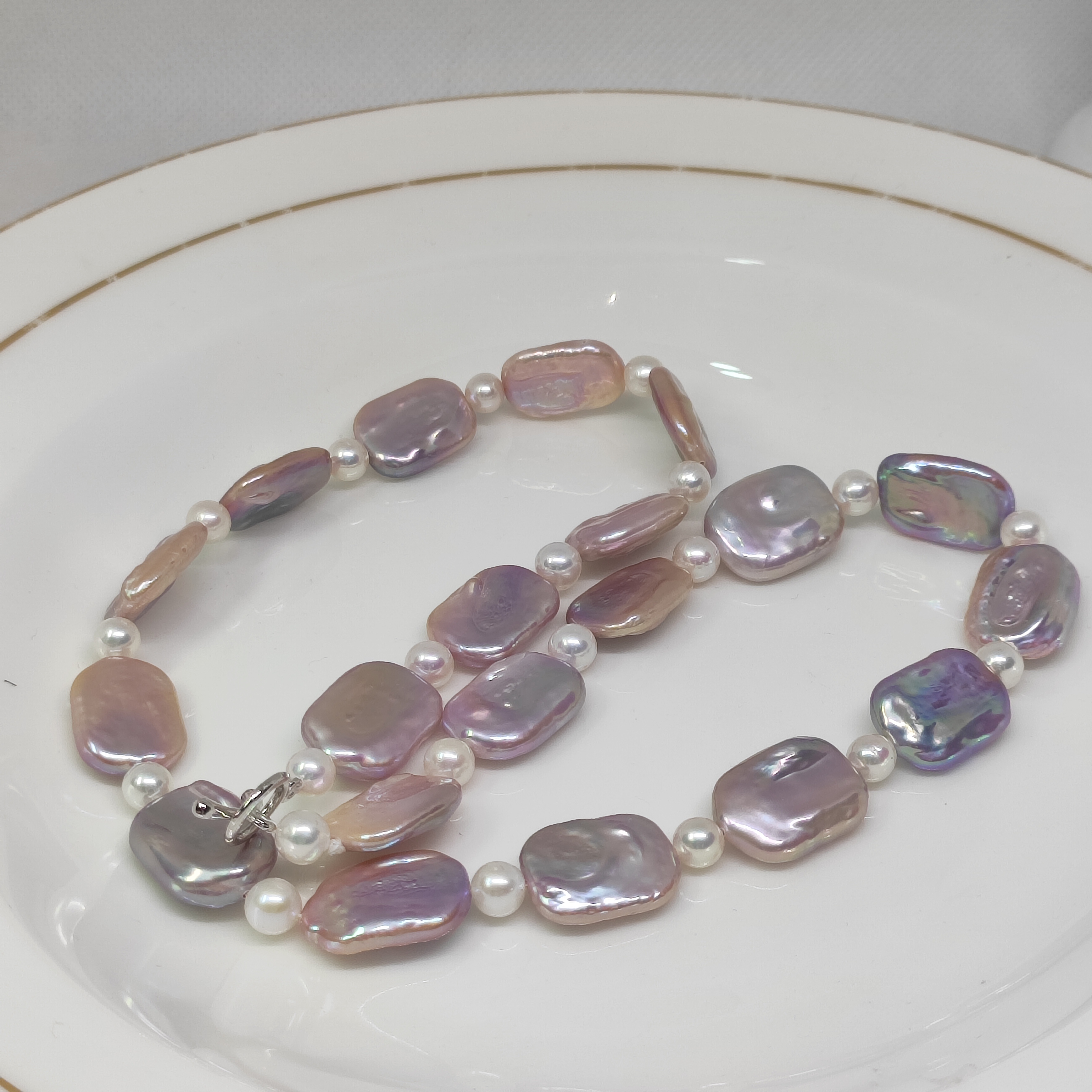 天然淡水紫罗兰方块异形+极光正圆微瑕小珍珠项链s925纯银OT扣礼