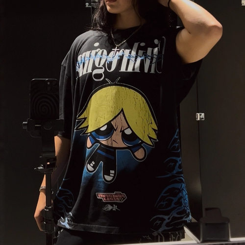 Civilregime美式潮牌飞天小女警宽松大码印花运动纯棉短袖T恤女