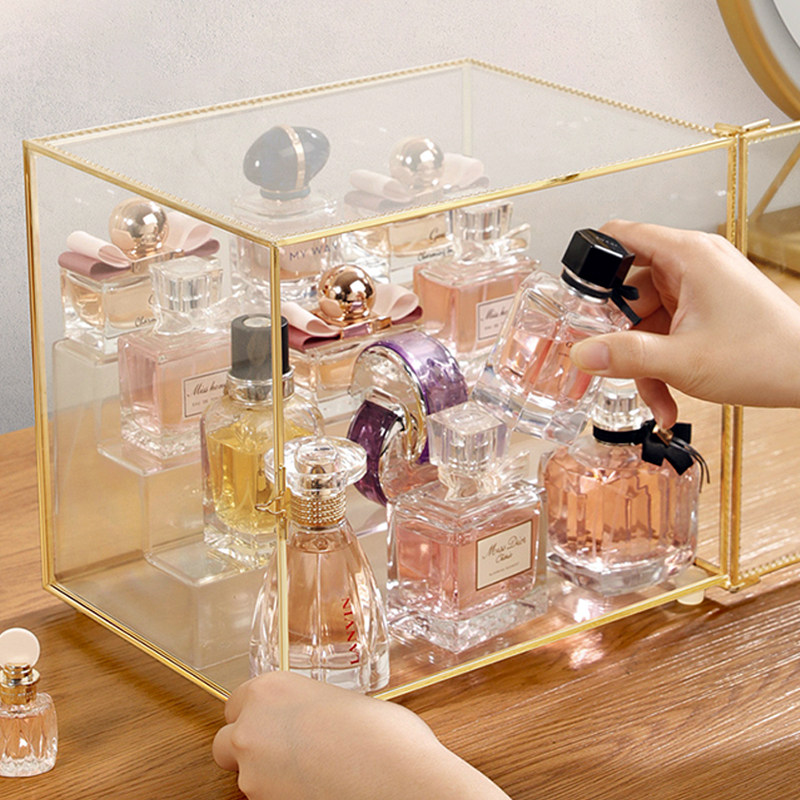 玻璃香水收纳盒化妆品桌面梳妆台防尘展示柜透明带盖高级感置物架